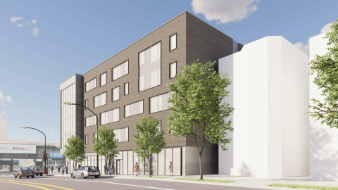 A renderings of a five-story apartment building.