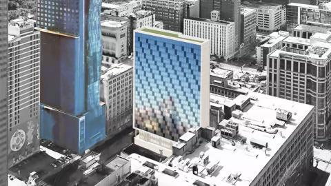 A rendering of a 26-story hotel surrounded by other high-rises.