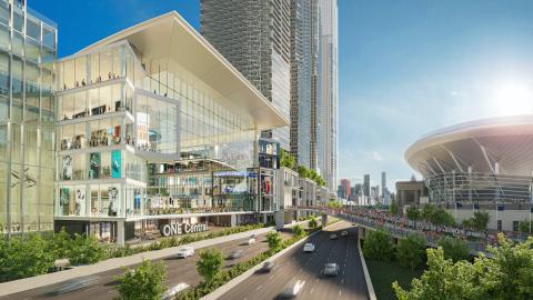 One Central transit hub rendering with bridge across lake shore drive. 